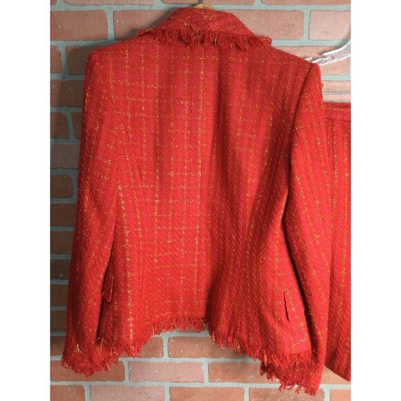 Vintage Tweed Skirt Blazer Jacket Set Suit Red Gold Metallic Fringe Detail - Picture 6 of 8